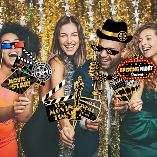 32Pcs Hollywood Photo Booth Props Kit, Movie Night Theater Red Carpet Cutouts Launch Oscars Cards Table Toppers Birthday Party Favors Supplies Large Size