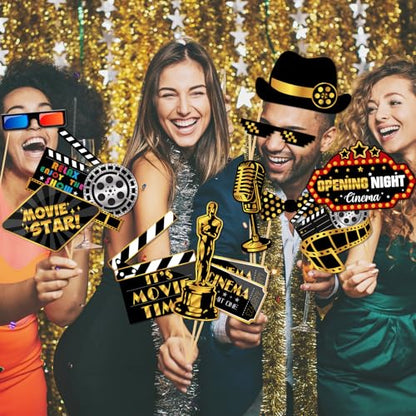 32Pcs Hollywood Photo Booth Props Kit, Movie Night Theater Red Carpet Cutouts Launch Oscars Cards Table Toppers Birthday Party Favors Supplies Large Size
