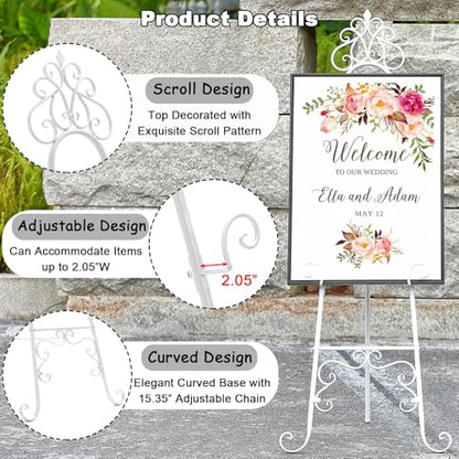 59" H Metal White Large Adjustable Easel Stand for Wedding Sign | Metal Free Standing Scroll Display Easel for Wedding Sign Mirror Picture Poster Holder Showcasing
