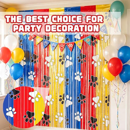 Paw Print Foil Fringe Curtains Backdrop | 2-Pack 3.3x6.6FT Dog Paw Tinsel Backdrop, Pet Streamer Birthday, Puppy Party, Baby Shower, Pet Party & Family Celebration - color: Red Blue Yellow