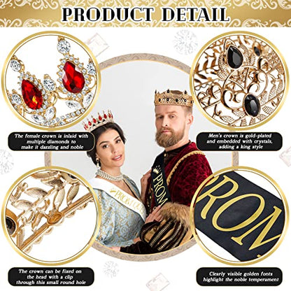 4 Pcs Prom King Queen Crowns Gold, M, Red Diamond | Gold Tiaras with AB Diamond Stones, Sashes Included, Royalty Crowns for Homecoming Birthday Halloween Wedding Party Costume - color: Red Diamond