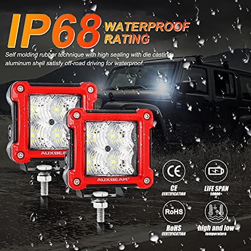 Auxbeam FA Series 3-Inch 40W Red Shell Offroad LED Pods Cube Ditch Lights | Flood Beam, 4800 Lumens, Off-Road Driving Lights, A-Pillar Hood Bumper, for 4WD Jeep Wrangler Ford F-150 Toyota 4Runner - color: Flood Beam, Red