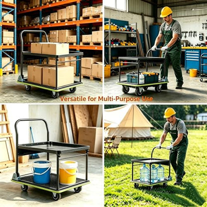 Upgraded Heavy Duty Foldable Push Cart Dolly 700 Lbs Load 2 Tier | High-Strength Steel Folding Platform Truck Cart, Moving Flatbed Cart with Wheels for Warehouse, Garage, Workshop, Office - style: 600LBS+100LBS