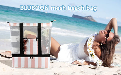 Bluboon Mesh Beach Tote Bag with Cooler Compartment Insulated Detachable Picnic Bag with Zipper and Pocket Pool Bag for Women - color: Pink