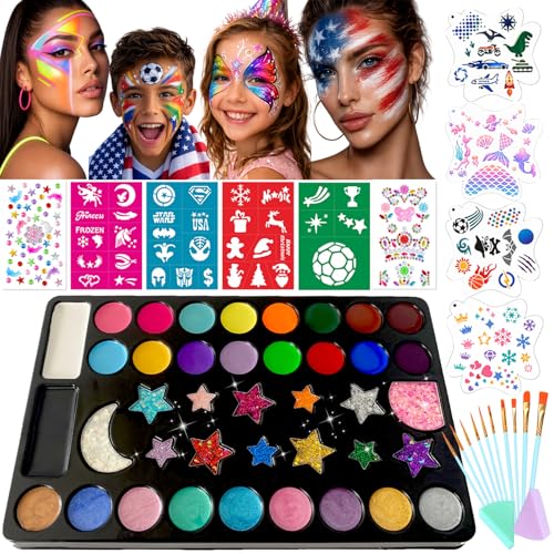 Face Paint Palette Kit 40 Colors Waterproof Oil Based Body Paint Makeup Kit | Face Painting Kit for Kids Professional Non-Toxic Makeup Palette with Tattoo, Brush, Stencil, Sponge, Gem, Party Halloween