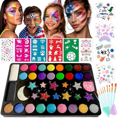 Face Paint Palette Kit 40 Colors Waterproof Oil Based Body Paint Makeup Kit | Face Painting Kit for Kids Professional Non-Toxic Makeup Palette with Tattoo, Brush, Stencil, Sponge, Gem, Party Halloween