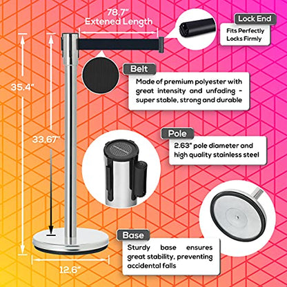 DuraSteel Crowd Control Barriers Line Dividers - Silver Stanchion Stainless Steel Posts with 6.5ft Black Retractable Belt Ropes - for Store Queues, Airport Lines, Event Entries - 2 Set/Pack - color: Black Belt, style: Silver Stanchion 2 Pieces Set