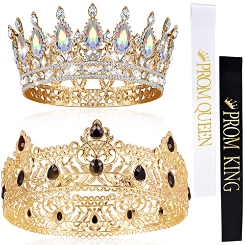 4 Pieces Prom King and Queen Crowns Set with Sashes Valentine's Day Carnival Birthday Wedding Costume Accessories Gold King Crown for Men Women Prom(M,AB Diamond) - color: AB Diamond