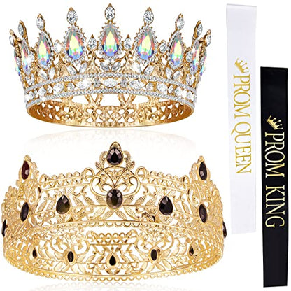 4 Pcs Prom King Queen Crowns Gold,M,AB Diamond | Gold Tiaras with AB Diamond Stones, Sashes Included, Royalty Crowns for Homecoming Birthday Halloween Wedding Party Costume - color: AB Diamond
