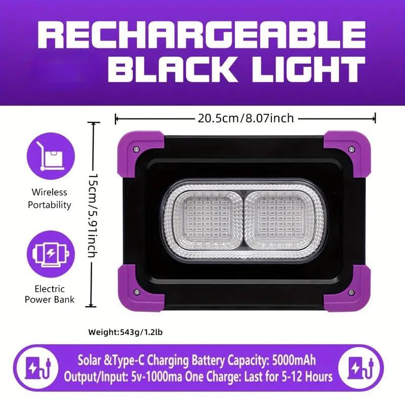 Solar Rechargeable LED Black Lights, Battery Operated Powered Blacklight, Cordless 395nm Flood Light, Neon Glow in The Dark Party, Catfishing Body Paint, Indoor Decor Halloween Decoration
