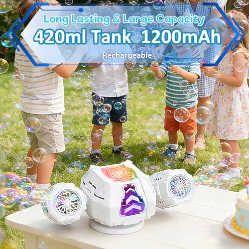 Upgraded Mecha Style Bubble Machine, Rechargeable Type-C Powered Bubble Blower with Remote Control, 360° Automatic Rotation & RGB Lights, 35k+ Bubbles/Min, Bubbles for Kids, Parties, Weddings, Outdoor