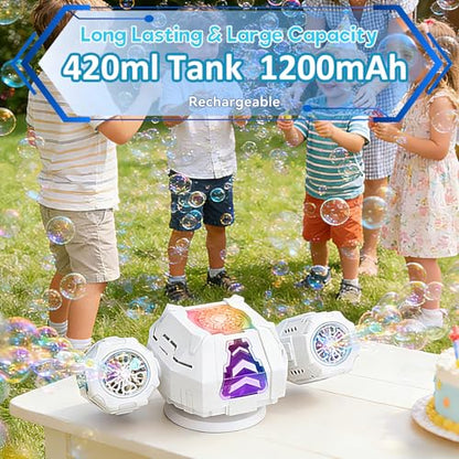 Upgraded Mecha Style Bubble Machine, Rechargeable Type-C Powered Bubble Blower with Remote Control, 360° Automatic Rotation & RGB Lights, 35k+ Bubbles/Min, Bubbles for Kids, Parties, Weddings, Outdoor