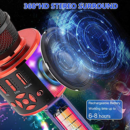 Amazmic Kids Karaoke Microphone Machine Toy Bluetooth Microphone Portable Wireless Karaoke Machine Handheld with LED Lights, Gift for Children Adults Birthday Party, Home KTV(Black Red) - color: Black Red