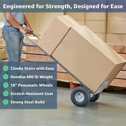 Heavy-Duty Commercial 600 lb Hand Truck Dolly with 10" Pneumatic Wheels, Steel Cart with Handle and Toe Plate, Ideal for Warehouse, Moving, Delivery, Grey - color: Gray, size: 600lb.