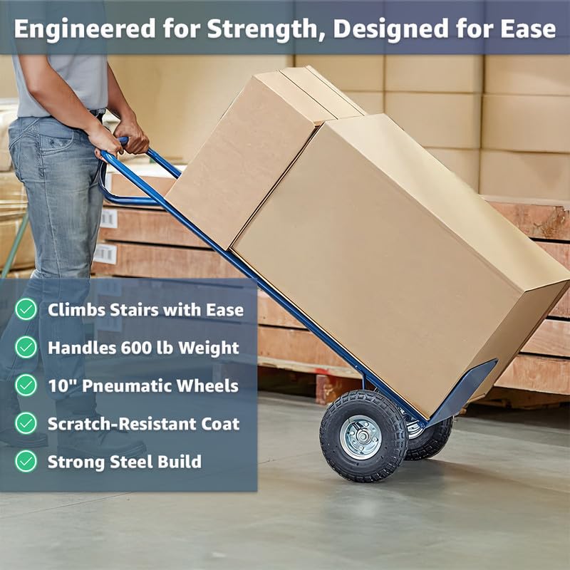 Heavy-Duty Commercial 600 lb Hand Truck Dolly with 10" Pneumatic Wheels, Steel Cart with Handle and Toe Plate, Ideal for Warehouse, Moving, Delivery, Blue - color: Blue, size: 600lb.