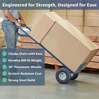 Heavy-Duty Commercial 600 lb Hand Truck Dolly with 10" Pneumatic Wheels, Steel Cart with Handle and Toe Plate, Ideal for Warehouse, Moving, Delivery, Blue - color: Blue, size: 600lb.