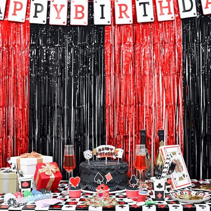 LOLStar Casino Party Decorations, 3 Pack Red and Black Birthday Party Supplies 3.3 x 6.6ft Tinsel Foil Fringe Curtains Photo Booth Props Backdrop Streamers, Decor for Vegas Poker Party