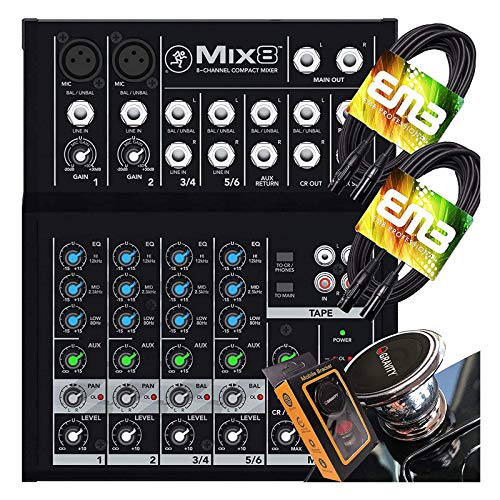 Mackie -Mix8- Compact 8-Channel Desktop Analog Midsize Mixer for Live Sound 2 Mic/Line Input Channels with Pair of EMB XLR Cable and Gravity Magnet Phone Holder Bundle (2)