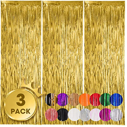 Voircoloria Gold Foil Fringe Backdrop Curtains, 3.3x8.2ft, 3 Pack | Tinsel Streamers, For New Years Eve, Graduation, Birthday, Baby Shower - color: 05 Gold