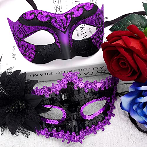 SIQUK Couple Masquerade Masks Set Venetian Party Mask Costume Mask - color: Black & Violet