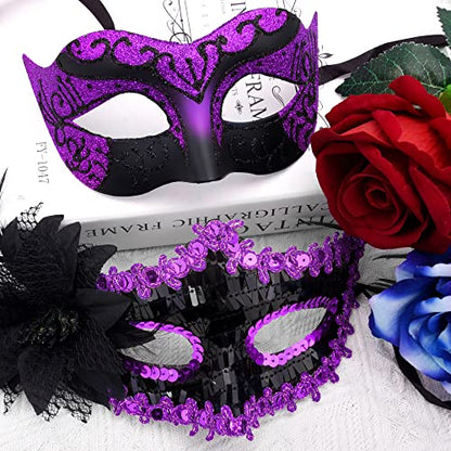 SIQUK Couple Masquerade Masks Set Venetian Party Mask Costume Mask - color: Black & Violet