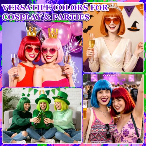 Short Bob Straight Hair Wigs with Bangs, Synthetic Fiber Colorful Hair, Heart-shaped Sunglasses for Women (Blue-Purple) - color: Blue-Purple