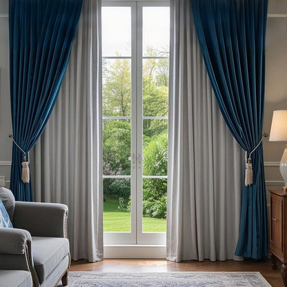 SMILETIME Grey and Navy Blue 52in X 84in Velvet Curtains with Grommet, Thermal Insulated Super Soft Privacy Noise Reducing Velvet Curtains for Living Room, 4 Panels