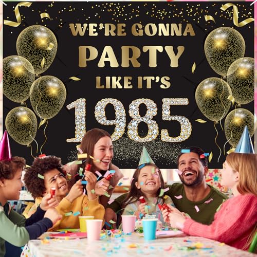 We’re Gonna Party Like It’s 1985 Birthday Banner Backdrop, Cheer to 41 Years Birthday Banner, 40th Birthday Party Supplies for Men Women Photography Decorations Black and Gold Glitter Favors - size: 1985