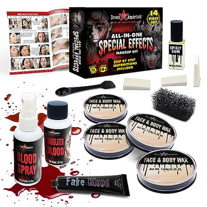 Dress-Up-America Halloween Makeup Kit - Face and Body Wax, Latex and Fake Blood Costume Face Paint Set - SFX Realistic Bloody Halloween Makeup Set for Teens and Adults
