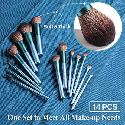 BS-MALL 14 Pcs Makeup Brushes Set with 1 Pcs Makeup Sponge – Essential Foundation Powder Concealers, Eye Shadows, Blush Makeup Brushes with Travel Makeup Case (Z-Blue) - color: Z-Blue