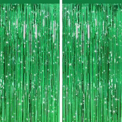 GCB Green Foil Fringe Backdrop Curtain, Metallic Tinsel Streamers, 2 Pack | Green Foil Curtain, Birthday Party Decorations, Christmas, St. Patrick's Day, Photo Booth, Wedding Baby Shower Holiday Events - color: Green