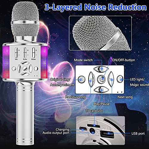 Amazmic Kids Karaoke Microphone Machine Toy Bluetooth Microphone Portable Wireless Karaoke Machine Handheld with LED Lights, Gift for Children Adults Birthday Party, Home KTV(Silver) - color: Silver