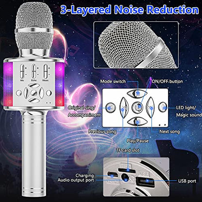 Amazmic Kids Karaoke Microphone Machine Toy Bluetooth Microphone Portable Wireless Karaoke Machine Handheld with LED Lights, Gift for Children Adults Birthday Party, Home KTV(Silver) - color: Silver