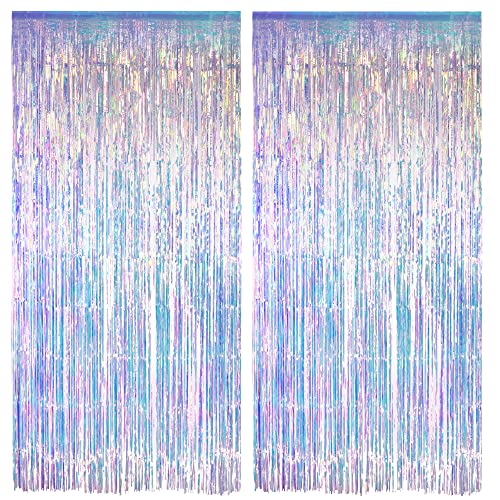 Iridescent Party Streamers Backdrop - GREATRIL Neon Transparent Holographic Tinsel Foil Fringe Curtain for Mermaid/Frozen/Sea/Euphoria/ERAS Party Theme Decorations 3.2ft x 6.5ft 2 PCS | GREATRIL Neon Transparent Holographic Tinsel Foil Fringe Curtain for