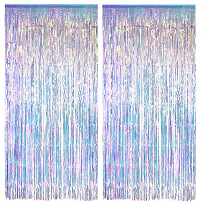 Iridescent Party Streamers Backdrop - GREATRIL Neon Transparent Holographic Tinsel Foil Fringe Curtain for Mermaid/Frozen/Sea/Euphoria/ERAS Party Theme Decorations 3.2ft x 6.5ft 2 PCS | GREATRIL Neon Transparent Holographic Tinsel Foil Fringe Curtain for