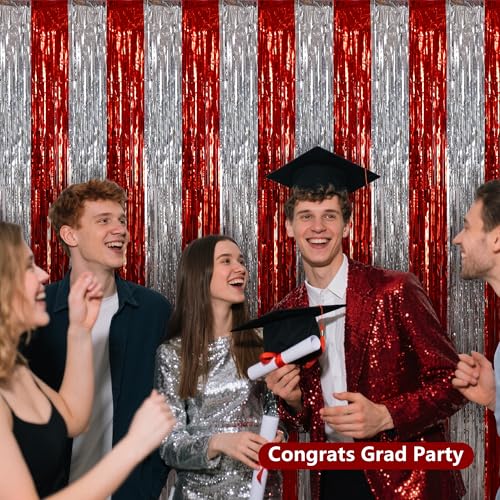 BEISHIDA Red Silver Door Streamers Backdrop Foil Fringe Tinsel Party Streamers Curtains Photo Backdrop - 2Pcs for Valentine's Day Birthday Graduation Christmas Party Decoations - color: 05-red silver