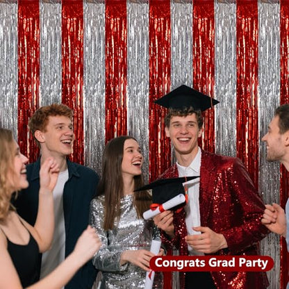 BEISHIDA Red Silver Door Streamers Backdrop Foil Fringe Tinsel Party Streamers Curtains Photo Backdrop - 2Pcs for Valentine's Day Birthday Graduation Christmas Party Decoations - color: 05-red silver