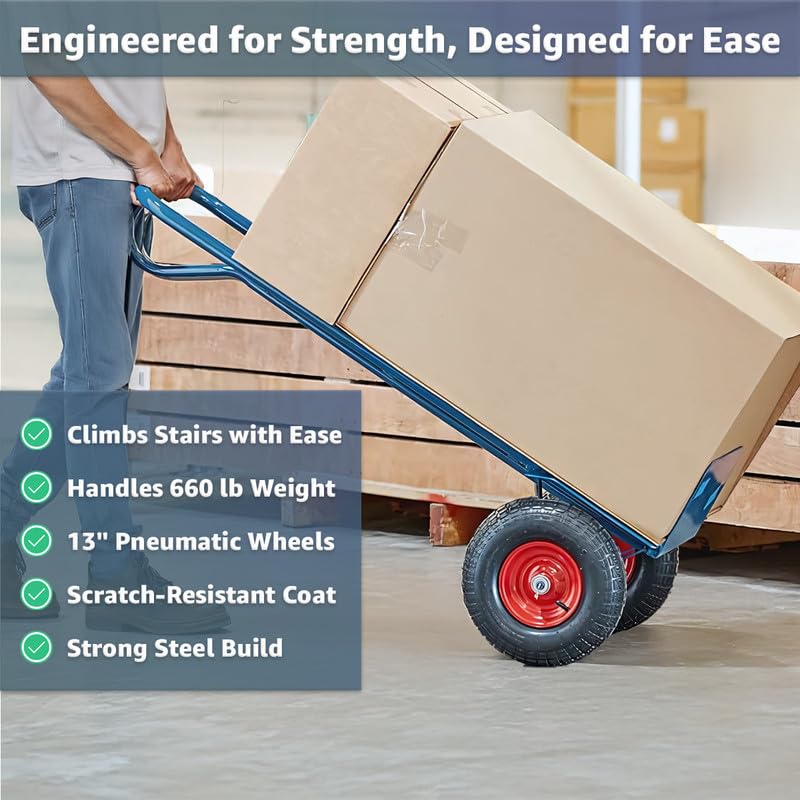 Heavy-Duty Commercial 660 lb Hand Truck Dolly with 13" Pneumatic Wheels, Steel Cart with Handle and Toe Plate, Ideal for Warehouse, Moving, Delivery, Blue - color: Blue, size: 660lb.