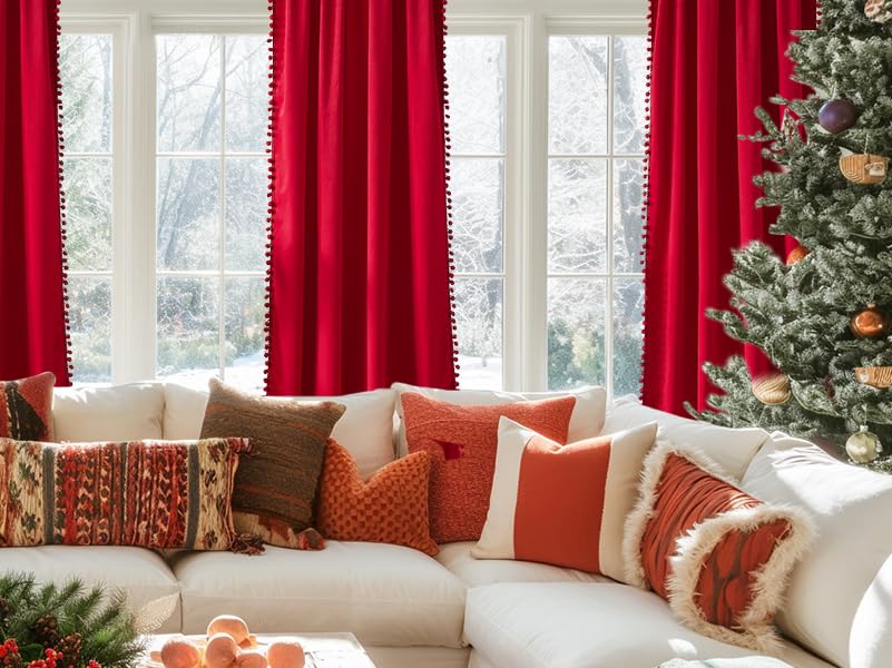 Red Pom Pom Velvet Curtains for Holiday Season 42"x84" Room Darkening Drape - color: Pom Pom- Red 2, size: 42"W x 84"L (Pack of 2)