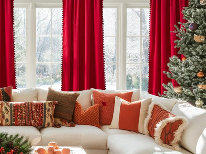 Red Pom Pom Velvet Curtains for Holiday Season 42"x84" Room Darkening Drape - color: Pom Pom- Red 2, size: 42"W x 84"L (Pack of 2)
