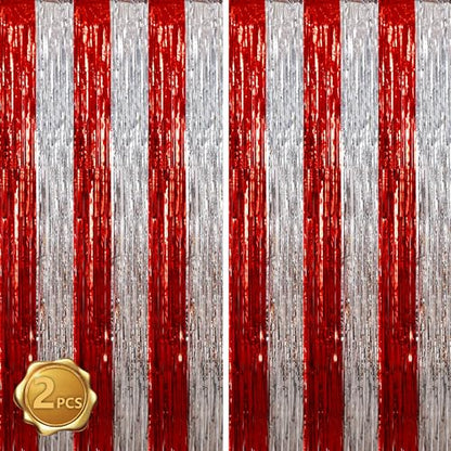 BEISHIDA Red Silver Door Streamers Backdrop Foil Fringe Tinsel Party Streamers Curtains Photo Backdrop - 2Pcs for Valentine's Day Birthday Graduation Christmas Party Decoations - color: 05-red silver