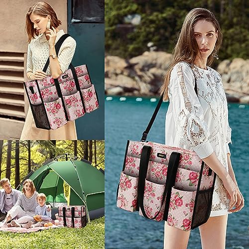 IBFUN Utility Tote Bag with 24 Pockets, Large Teacher Travel Tote for Women - color: C7-l-pink Flower, size: Large