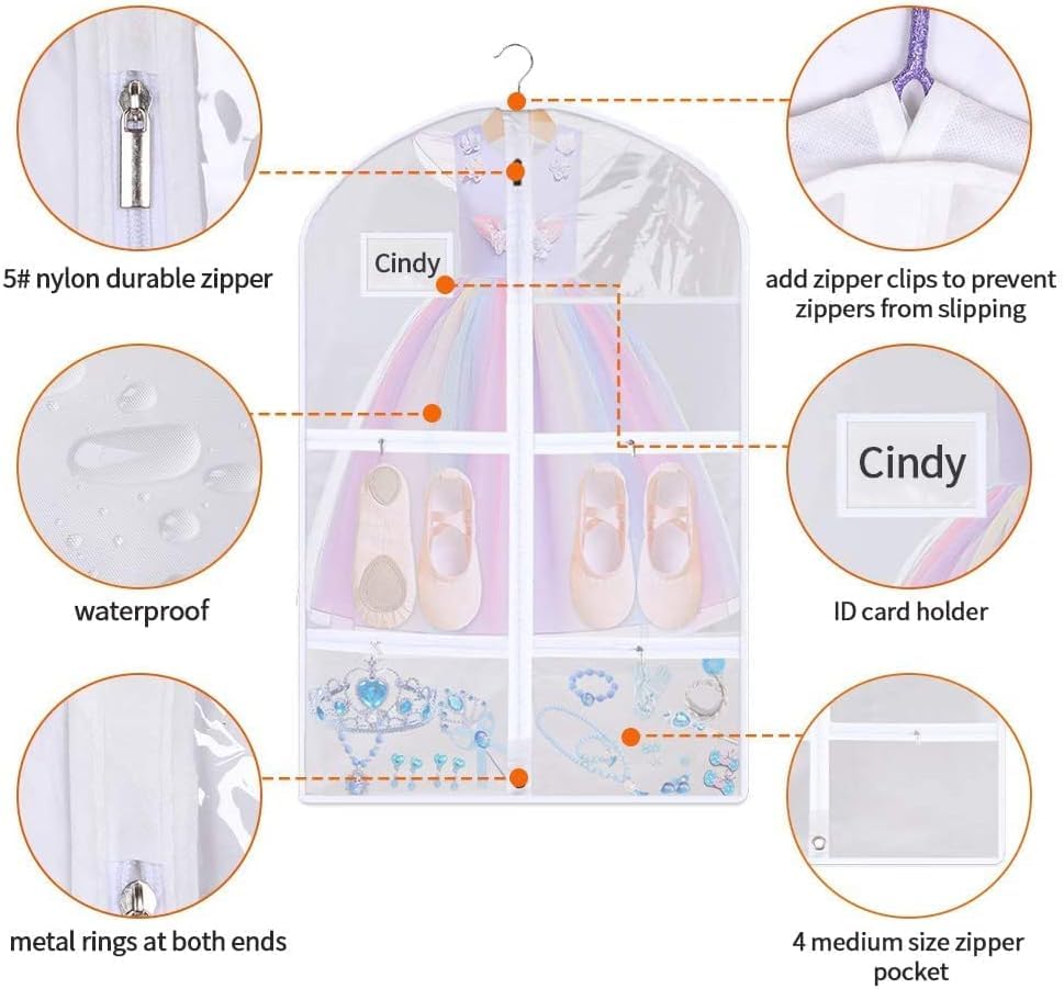 Clear PVC Dance Costume Bags(3 Pack),Garment Bag 40 Inch for Dance Competitions Cheerleading,Hanging Clothes Travel Dance Bags with 4 Pockets.Dance Essentials Cheer Bag for Girls Kids Recitals Dresses - size: 40"