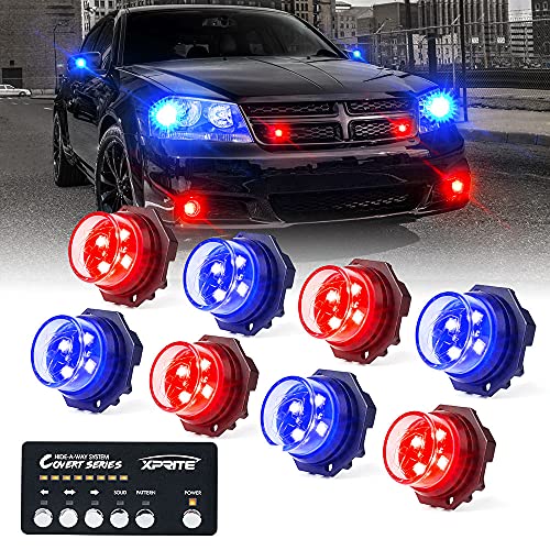 Xprite Multi Color LED Hideaway Strobe Lights Kit, 20 Flash Modes w/Control Panel Headlights Taillights Fog Light Interior Mounting for Construction Towing Snow Plow Pickup Work Trucks Cars 8 PCS - color: Multi Color, size: 8 pcs