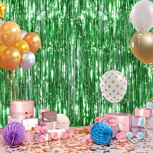 GCB Green Foil Fringe Backdrop Curtain, Metallic Tinsel Streamers, 2 Pack | Green Foil Curtain, Birthday Party Decorations, Christmas, St. Patrick's Day, Photo Booth, Wedding Baby Shower Holiday Events - color: Green