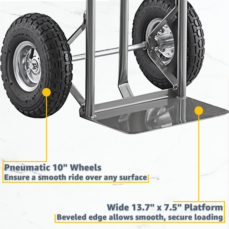 Heavy-Duty Commercial 600 lb Hand Truck Dolly with 10" Pneumatic Wheels, Steel Cart with Handle and Toe Plate, Ideal for Warehouse, Moving, Delivery, Grey - color: Gray, size: 600lb.