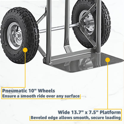 Heavy-Duty Commercial 600 lb Hand Truck Dolly with 10" Pneumatic Wheels, Steel Cart with Handle and Toe Plate, Ideal for Warehouse, Moving, Delivery, Grey - color: Gray, size: 600lb.