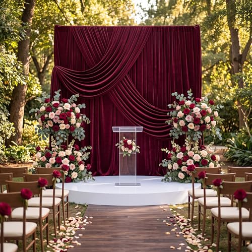 Hunnmingre 2 Pcs 5 X10 ft Velvet Curtains Backdrop Drapes, Burgundy | Wrinkle Free Silky, Velvet Wedding Backdrop Drapes, Photo Curtains for Parties Birthday Baby Shower Photography Background - color: Burgundy