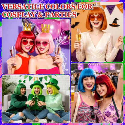 Short Bob Straight Hair Wigs with Bangs, Synthetic Fiber Colorful Hair, Heart-shaped Sunglasses for Women (Burgundy) - color: Burgundy