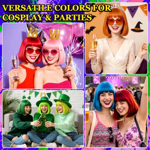 Short Bob Straight Hair Wigs with Bangs, Synthetic Fiber Colorful Hair, Heart-shaped Sunglasses for Women (Yellow) - color: Yellow